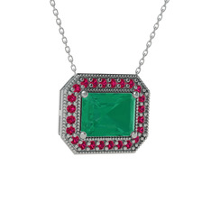 Esinti Dikdörtgen Kolye - Kök zümrüt ve rodolit garnet 18 ayar beyaz altın kolye (40 cm beyaz altın rolo zincir) #1qqlale