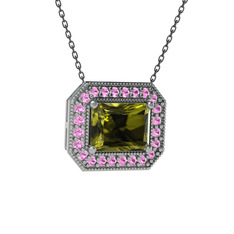 Esinti Dikdörtgen Kolye - Peridot ve pembe kuvars 925 ayar gümüş kolye (40 cm gümüş rolo zincir) #1qvu5ma