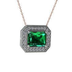 Esinti Dikdörtgen Kolye - Yeşil kuvars ve beyaz zirkon 14 ayar beyaz altın kolye (40 cm rose altın rolo zincir) #1qzsgxy