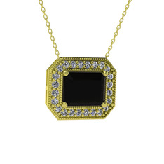 Esinti Dikdörtgen Kolye - Siyah zirkon ve swarovski 18 ayar altın kolye (40 cm altın rolo zincir) #1r6agwh