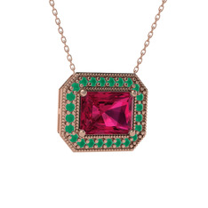 Esinti Dikdörtgen Kolye - Rodolit garnet ve kök zümrüt 18 ayar rose altın kolye (40 cm rose altın rolo zincir) #1rj2u45