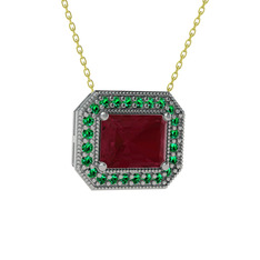 Esinti Dikdörtgen Kolye - Kök yakut ve yeşil kuvars 14 ayar beyaz altın kolye (40 cm altın rolo zincir) #1rxqsoo