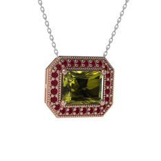 Esinti Dikdörtgen Kolye - Peridot ve kök yakut 8 ayar rose altın kolye (40 cm beyaz altın rolo zincir) #1rzrpsz