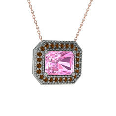 Esinti Dikdörtgen Kolye - Pembe kuvars ve dumanlı kuvars 18 ayar beyaz altın kolye (40 cm rose altın rolo zincir) #1s5hu0l