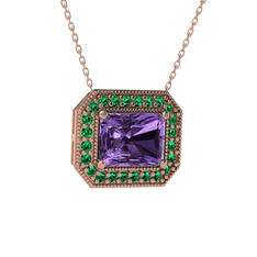 Esinti Dikdörtgen Kolye - Ametist ve yeşil kuvars 8 ayar rose altın kolye (40 cm rose altın rolo zincir) #1s7zk33