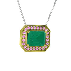 Esinti Dikdörtgen Kolye - Kök zümrüt ve pembe kuvars 18 ayar altın kolye (40 cm beyaz altın rolo zincir) #1sf5v8v