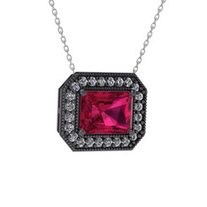 Esinti Dikdörtgen Kolye - Rodolit garnet ve pırlanta 925 ayar siyah rodyum kaplama gümüş kolye (0.253 karat, 40 cm beyaz altın rolo zincir) #1svsbn8