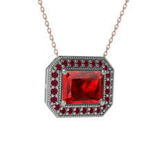 Esinti Dikdörtgen Kolye - Garnet ve kök yakut 18 ayar beyaz altın kolye (40 cm rose altın rolo zincir) #1sxaw23