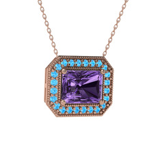 Esinti Dikdörtgen Kolye - Ametist ve akuamarin 18 ayar rose altın kolye (40 cm rose altın rolo zincir) #1sxdvaq
