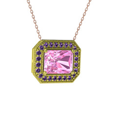 Esinti Dikdörtgen Kolye - Pembe kuvars ve ametist 925 ayar altın kaplama gümüş kolye (40 cm rose altın rolo zincir) #1tb6q1d