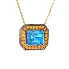 Esinti Dikdörtgen Kolye - Akuamarin ve sitrin 18 ayar rose altın kolye (40 cm altın rolo zincir) #1tqveod