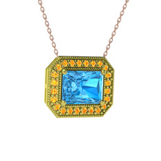 Akuamarin ve sitrin 18 ayar altın kolye (40 cm rose altın rolo zincir)