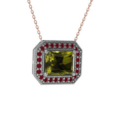 Peridot ve kök yakut 8 ayar beyaz altın kolye (40 cm rose altın rolo zincir)