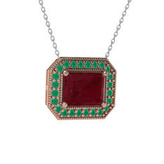 Esinti Dikdörtgen Kolye - Kök yakut ve kök zümrüt 14 ayar rose altın kolye (40 cm beyaz altın rolo zincir) #1u1xw3l