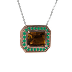 Dumanlı kuvars ve kök zümrüt 14 ayar rose altın kolye (40 cm gümüş rolo zincir)