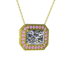 Esinti Dikdörtgen Kolye - Beyaz zirkon ve pembe kuvars 8 ayar altın kolye (40 cm altın rolo zincir) #1u5b8lr