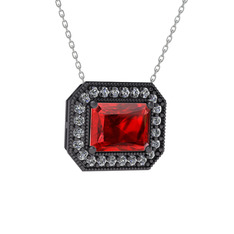 Esinti Dikdörtgen Kolye - Garnet ve swarovski 925 ayar siyah rodyum kaplama gümüş kolye (40 cm beyaz altın rolo zincir) #1u5x04j