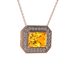 Esinti Dikdörtgen Kolye - Sitrin ve pırlanta 8 ayar rose altın kolye (0.253 karat, 40 cm rose altın rolo zincir) #1uqra12
