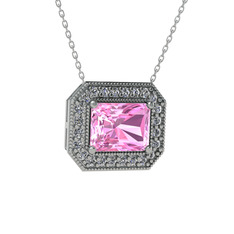 Pembe kuvars ve pırlanta 14 ayar beyaz altın kolye (0.253 karat, 40 cm gümüş rolo zincir)