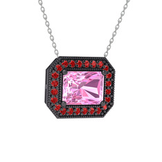 Esinti Dikdörtgen Kolye - Pembe kuvars ve garnet 925 ayar siyah rodyum kaplama gümüş kolye (40 cm gümüş rolo zincir) #1uudzxv