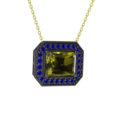 Esinti Dikdörtgen Kolye - Peridot ve lab safir 925 ayar siyah rodyum kaplama gümüş kolye (40 cm altın rolo zincir) #1vgaxaq