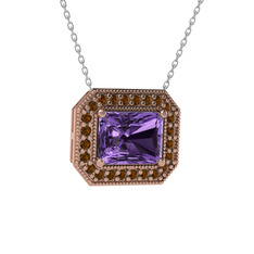 Ametist ve dumanlı kuvars 18 ayar rose altın kolye (40 cm gümüş rolo zincir)