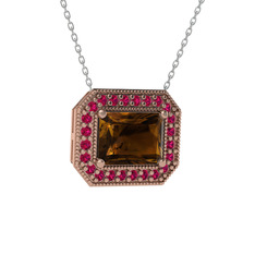 Esinti Dikdörtgen Kolye - Dumanlı kuvars ve rodolit garnet 18 ayar rose altın kolye (40 cm gümüş rolo zincir) #1vpyj3z