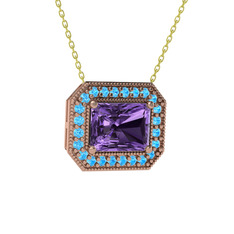 Esinti Dikdörtgen Kolye - Ametist ve akuamarin 8 ayar rose altın kolye (40 cm altın rolo zincir) #1vru154