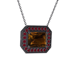 Esinti Dikdörtgen Kolye - Dumanlı kuvars ve kök yakut 925 ayar siyah rodyum kaplama gümüş kolye (40 cm gümüş rolo zincir) #1vw9i6u