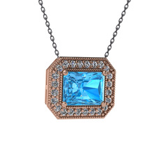 Akuamarin ve swarovski 925 ayar rose altın kaplama gümüş kolye (40 cm gümüş rolo zincir)