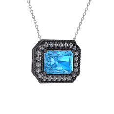 Esinti Dikdörtgen Kolye - Akuamarin ve swarovski 925 ayar siyah rodyum kaplama gümüş kolye (40 cm beyaz altın rolo zincir) #1whp9zh