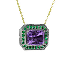 Esinti Dikdörtgen Kolye - Ametist ve yeşil kuvars 8 ayar beyaz altın kolye (40 cm gümüş rolo zincir) #1wlr8f7