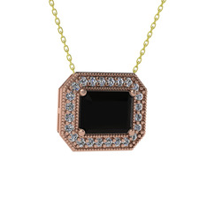 Esinti Dikdörtgen Kolye - Siyah zirkon ve swarovski 14 ayar rose altın kolye (40 cm altın rolo zincir) #1wtknmf