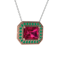 Esinti Dikdörtgen Kolye - Rodolit garnet ve kök zümrüt 8 ayar rose altın kolye (40 cm beyaz altın rolo zincir) #1wubw43