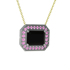 Siyah zirkon ve pembe kuvars 14 ayar beyaz altın kolye (40 cm gümüş rolo zincir)