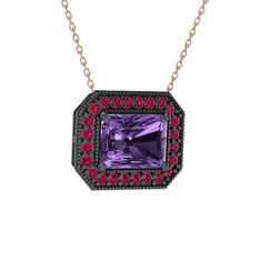 Ametist ve rodolit garnet 925 ayar siyah rodyum kaplama gümüş kolye (40 cm rose altın rolo zincir)