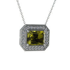Esinti Dikdörtgen Kolye - Peridot ve beyaz zirkon 14 ayar beyaz altın kolye (40 cm gümüş rolo zincir) #1wx9mlq