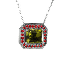 Peridot ve garnet 18 ayar beyaz altın kolye (40 cm beyaz altın rolo zincir)