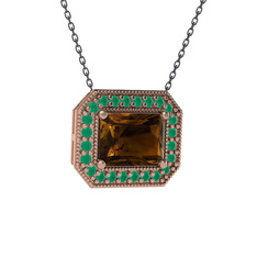 Dumanlı kuvars ve kök zümrüt 14 ayar rose altın kolye (40 cm gümüş rolo zincir)