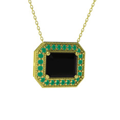 Esinti Dikdörtgen Kolye - Siyah zirkon ve kök zümrüt 14 ayar altın kolye (40 cm altın rolo zincir) #1x9fm3y