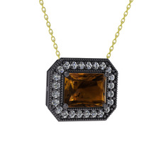Esinti Dikdörtgen Kolye - Dumanlı kuvars ve swarovski 925 ayar siyah rodyum kaplama gümüş kolye (40 cm altın rolo zincir) #1xbj72r