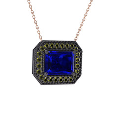 Lab safir ve peridot 925 ayar siyah rodyum kaplama gümüş kolye (40 cm rose altın rolo zincir)