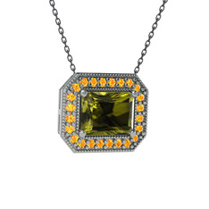 Peridot ve sitrin 8 ayar beyaz altın kolye (40 cm gümüş rolo zincir)
