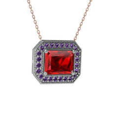 Esinti Dikdörtgen Kolye - Garnet ve ametist 18 ayar beyaz altın kolye (40 cm rose altın rolo zincir) #1y47mp0