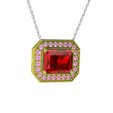 Garnet ve pembe kuvars 14 ayar altın kolye (40 cm beyaz altın rolo zincir)