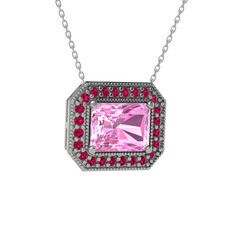 Pembe kuvars ve rodolit garnet 925 ayar gümüş kolye (40 cm beyaz altın rolo zincir)