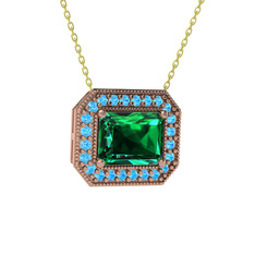 Esinti Dikdörtgen Kolye - Yeşil kuvars ve akuamarin 14 ayar rose altın kolye (40 cm gümüş rolo zincir) #1y9s56a