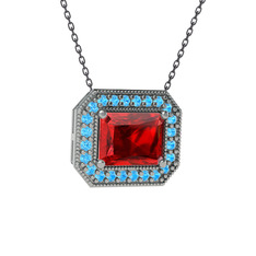 Esinti Dikdörtgen Kolye - Garnet ve akuamarin 8 ayar beyaz altın kolye (40 cm gümüş rolo zincir) #1ycjy3l