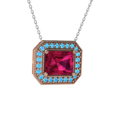 Rodolit garnet ve akuamarin 8 ayar rose altın kolye (40 cm beyaz altın rolo zincir)