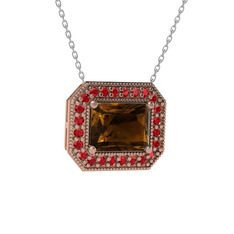 Dumanlı kuvars ve garnet 8 ayar rose altın kolye (40 cm beyaz altın rolo zincir)